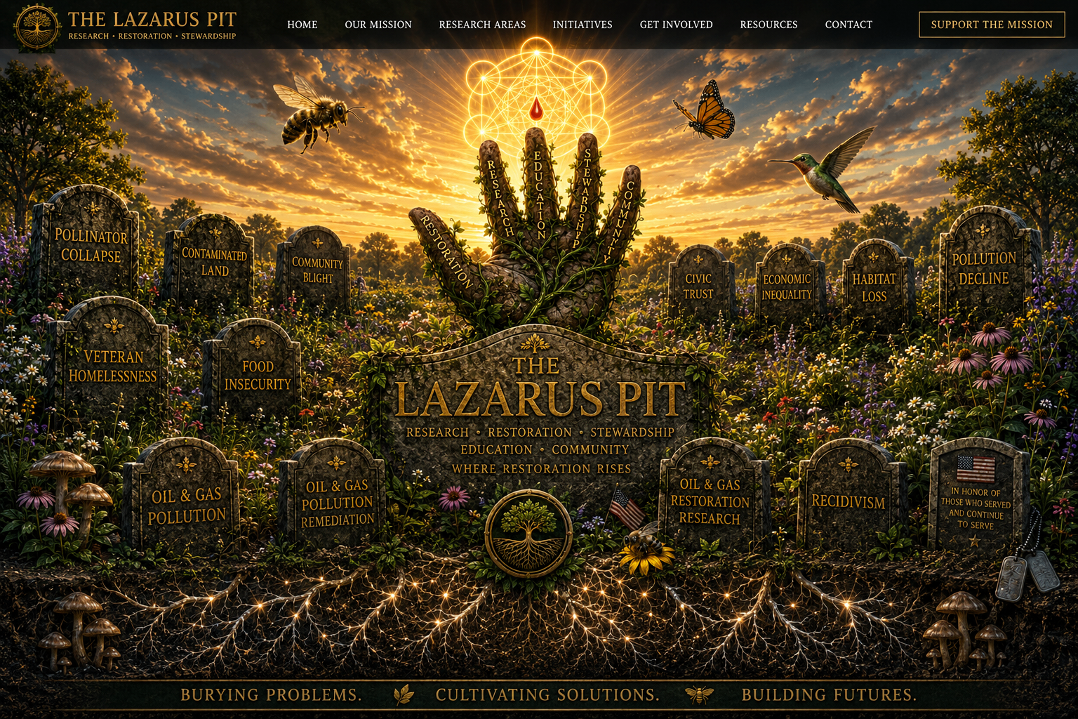 The Lazarus Pit — a sunlit garden of memorial markers, a rising vine-wrapped hand, pollinators, and a glowing light symbol above the horizon.